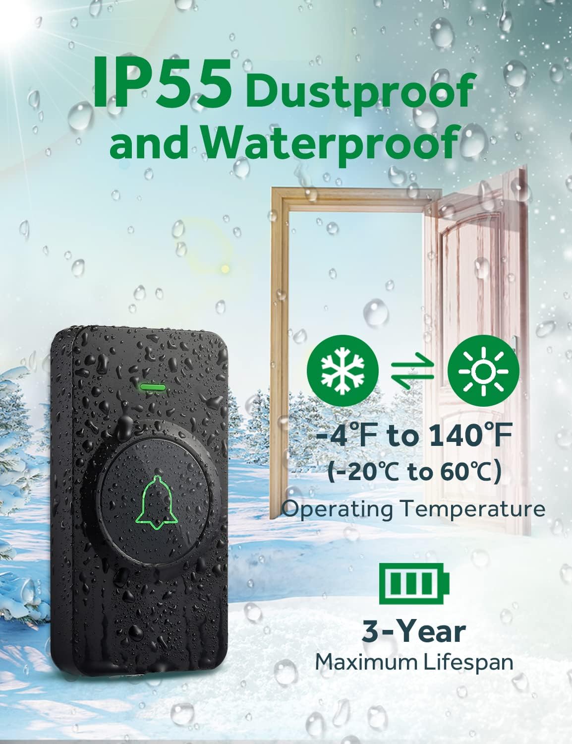 AVANTEK Wireless Doorbell, 1000 ft Range, 2 Buttons + 1 Receiver, Black | 115 dB Volume, LED Flash, Different Chimes per Button, IP55 Waterproof, 3-Year Battery, No Wi-Fi