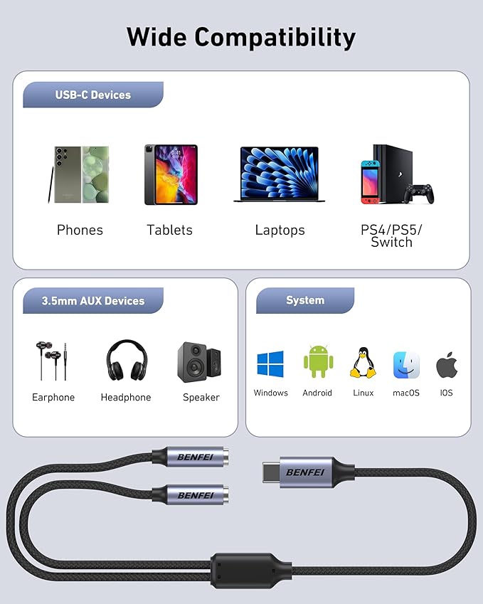 BENFEI USB C to Dual 3.5mm Audio Splitter, Headphone Adapter - Image 7