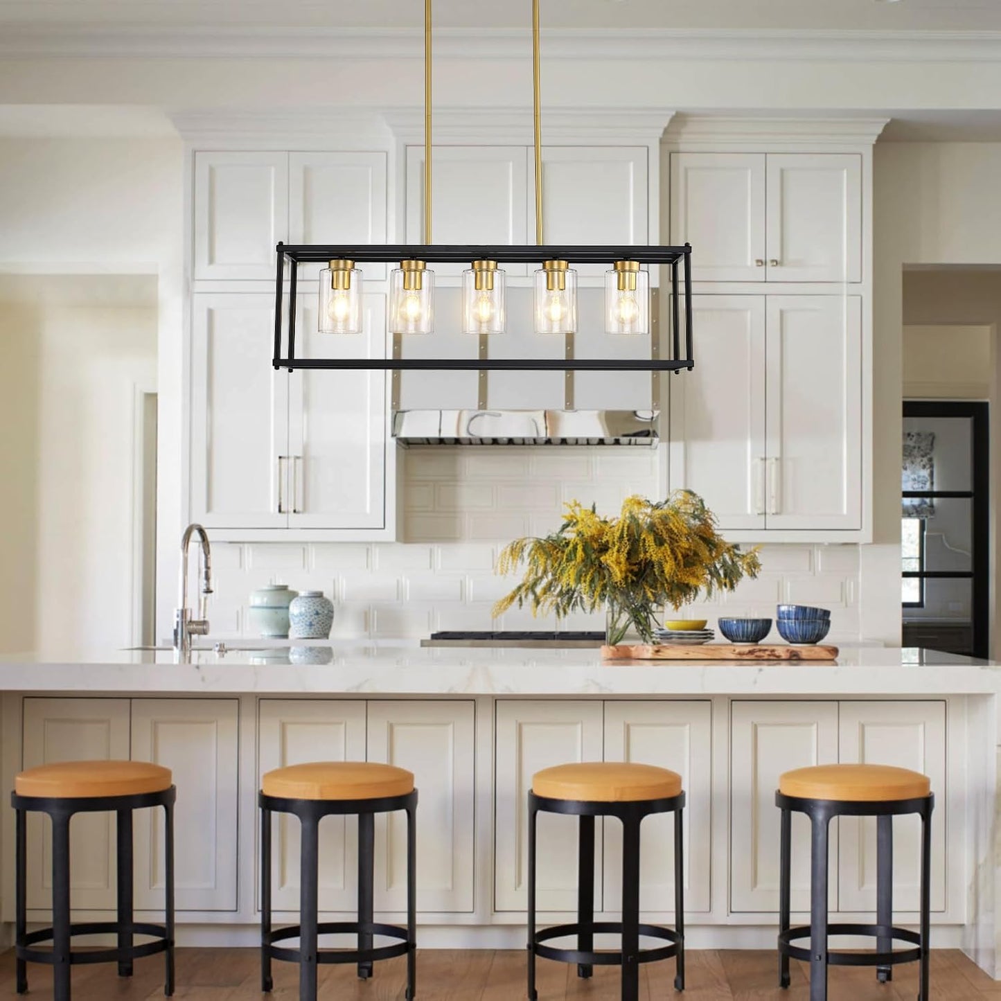 5-Light Dining Room Fixture Black and Gold Kitchen Island Lighting