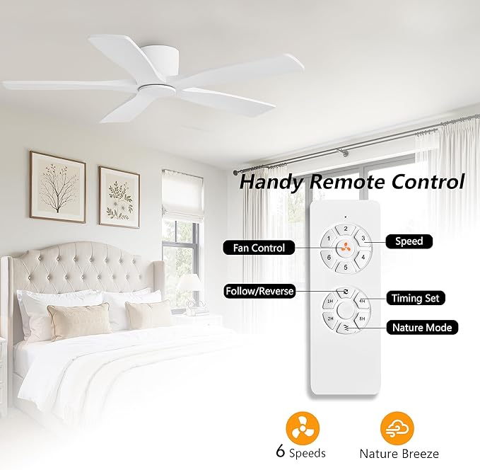 WINGBO 54" Flush Mount DC Ceiling Fans Without Lights, 5 Carved Solid Wood - Image 7