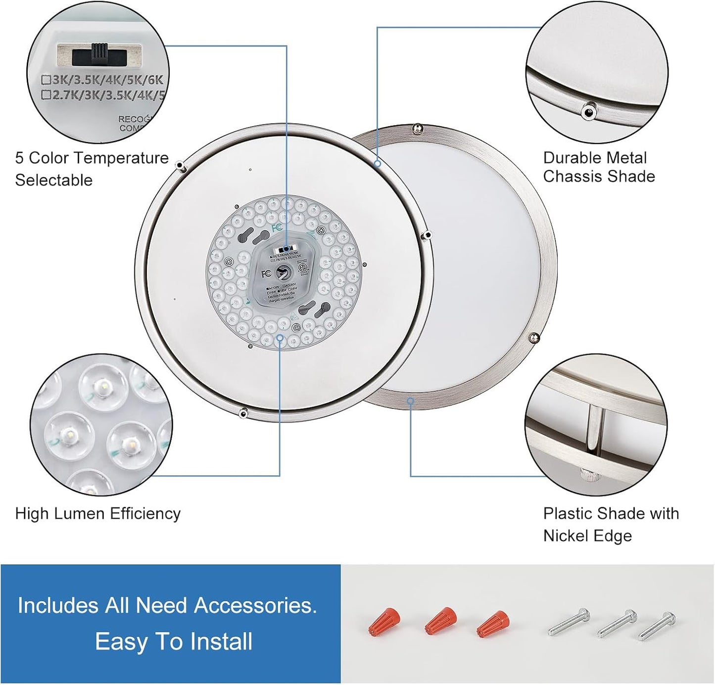DLLT Flush Mount LED Ceiling Light: 10 Inch 5CCT (3000K-6000K) & Dimmable Ceiling Light Fixtures for Bedroom Hallway - 18W Modern Brushed Nickel 1600LM Super Bright Kitchen Lighting Fixtures Ceiling