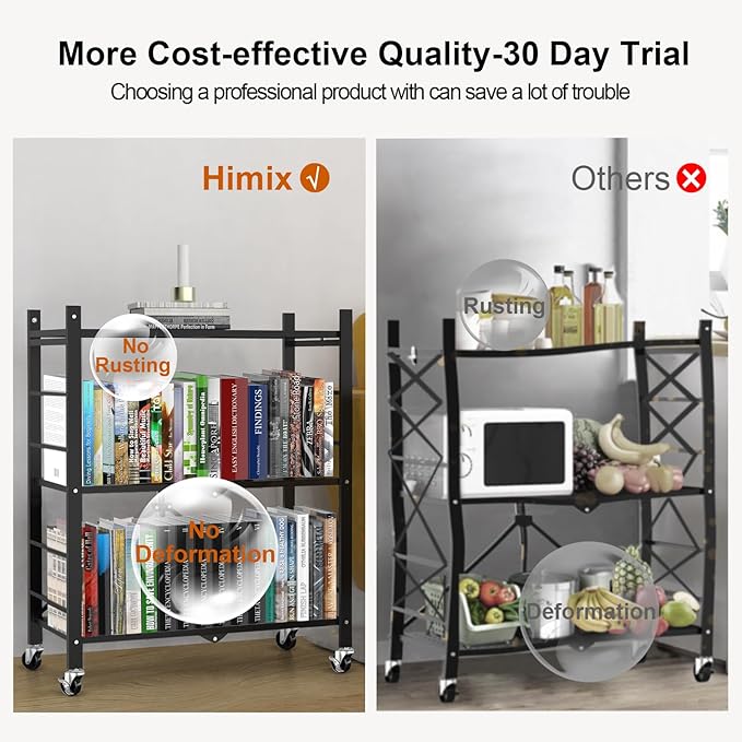 Himix Storage Shelves with 6 Hooks, 3 Tier Foldable Shelf with Wheels, Metal - Image 7