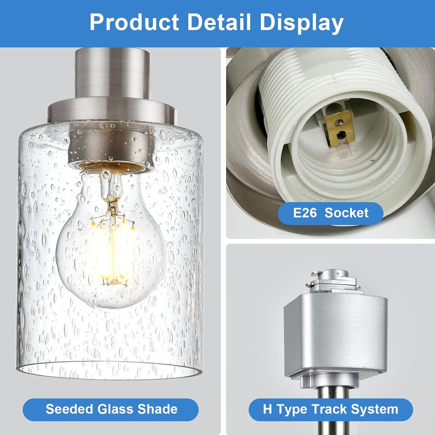 4 Pack H Track Lighting Heads Brushed Nickel Track Lighting Fixtures with Bubble Glass, Multi-Directional Rotating H Type Track Light Replacement Heads E26 Modern Spotlight for Kitchen Island