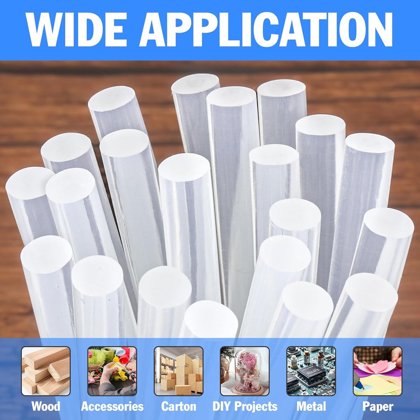 YesBes 100 Pack Full Size Clear Hot Glue Sticks, 10" Long x 0.43" Diameter, EVA Polymer, Ideal for Wood, Metal, Glass, Plastic, Fabric, Leather, Foam, and More