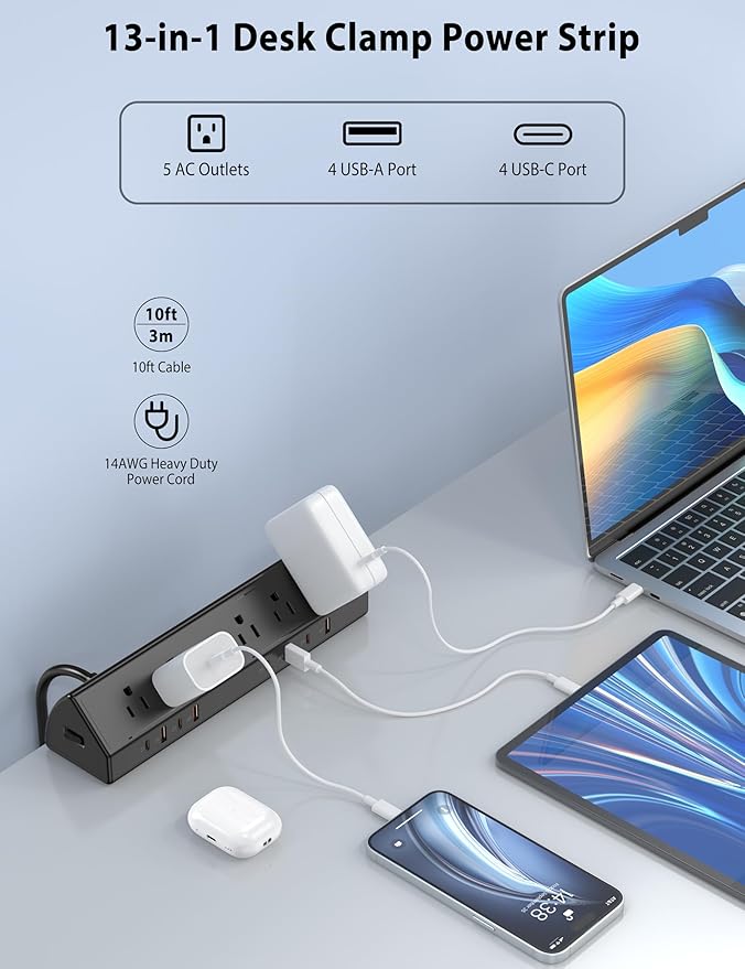 Desk Clamp Power Strip 65W Fast Charging Station, 4 PD USB-C, 5 Outlets - Image 3