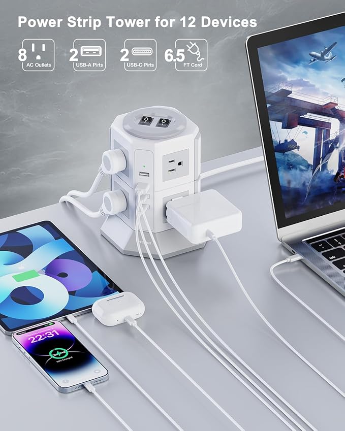 Tower Surge Protector Power Strip Flat Plugs - Image 2