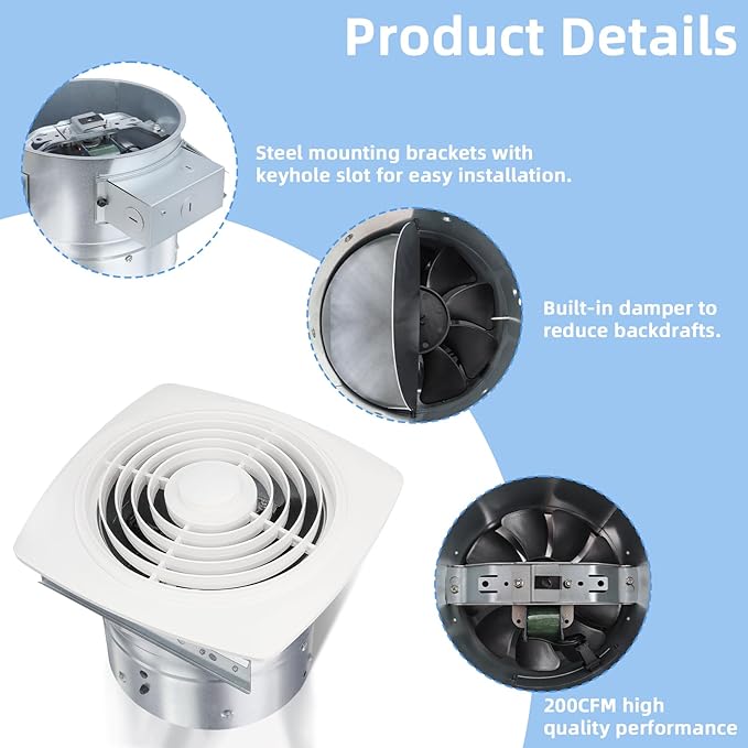 8 Inch Bathroom Exhaust Fan Ceiling Mount 200 CFM 8.5 Sones Kitchen Exhausts - Image 7