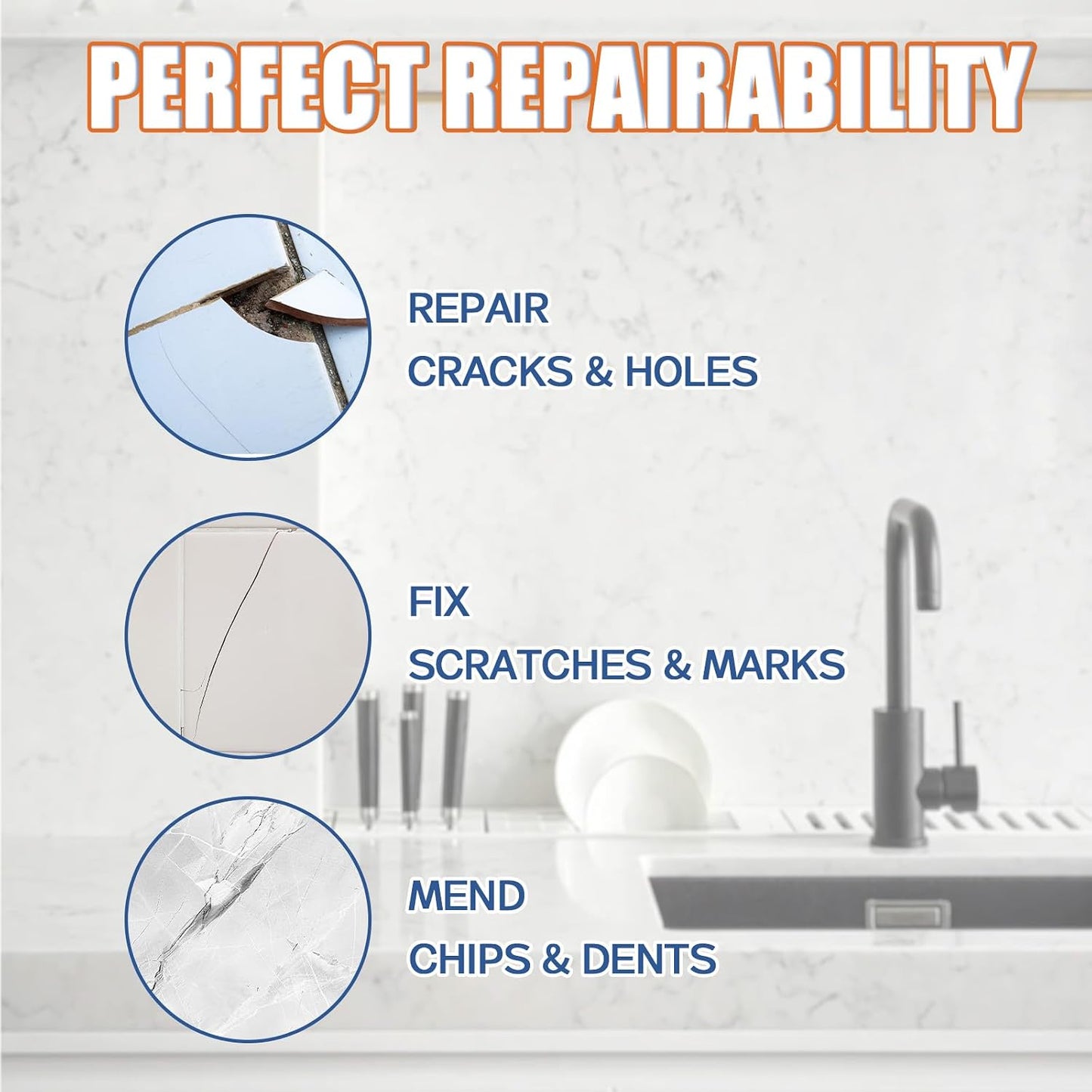 Porcelain Repair Kit, Waterproof Fiberglass Tub Repair Kits, Strong Tile Repair Kit, Non-Toxic Ceramic Tile Repair Kits Suitable for Granite, Marble, Quartz, Ceramics, Porcelain, Resin, etc (50g+50g)