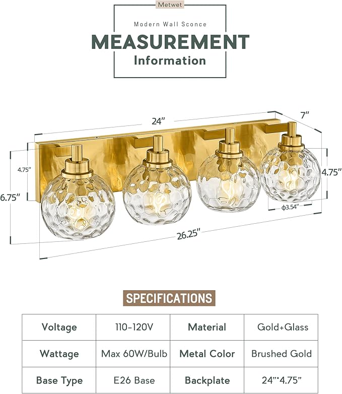 METWET Bathroom Light Fixtures Over Mirror, 4-Light Modern Sconces Wall Lighting - Image 3