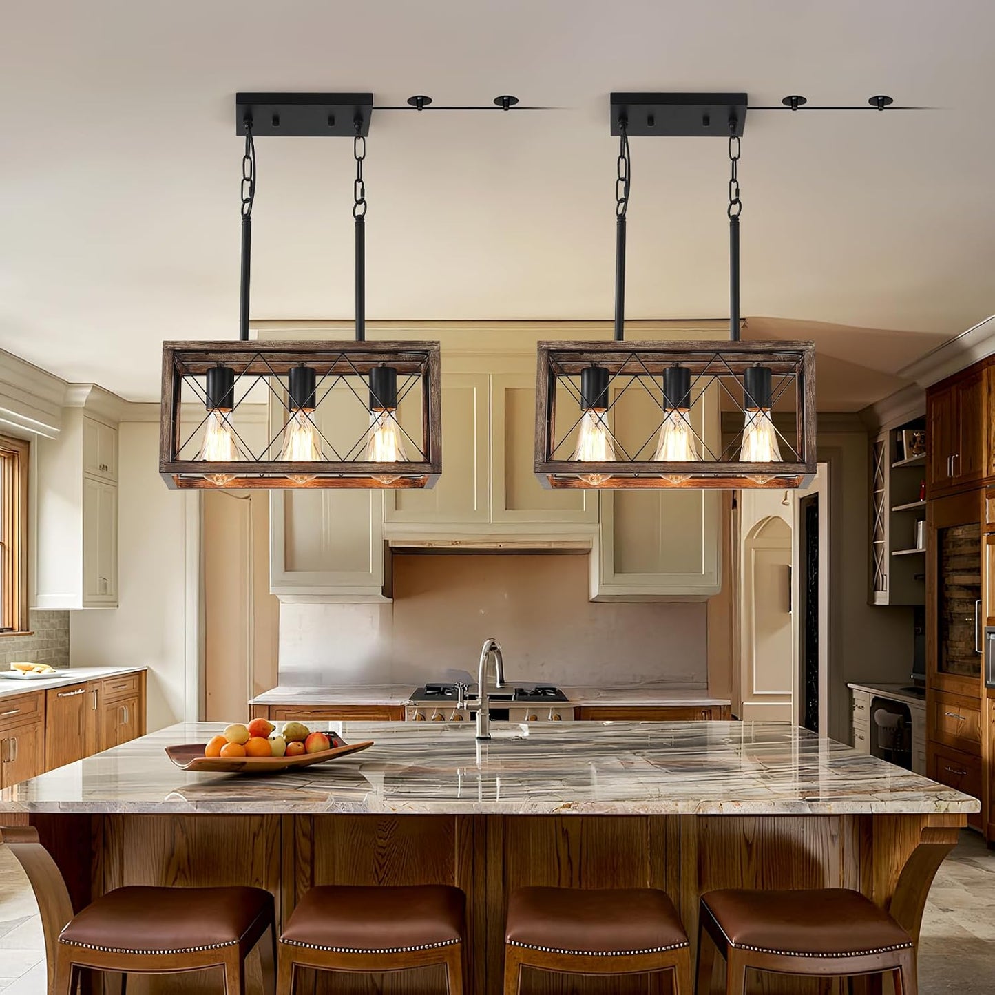 KEESFU Farmhouse Plug in Kitchen Lighting Fixtures Ceiling, 3 Lights Kitchen Pendant Light with 14.7ft Cord, Rustic Dining Room Light for Living Room Foyer Dining Table Over Sink. (Wood Grain Color)