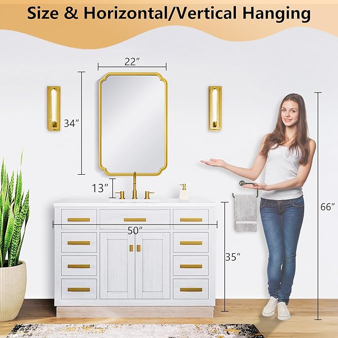 22x34 Inch Gold Bathroom Mirror, Metal Framed Wall Mirror - Image 5
