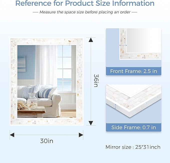 Tanmicoshomy 30 x 36 Inch White Rectangle Wall Mirror, Natural Shell Framed - Image 3