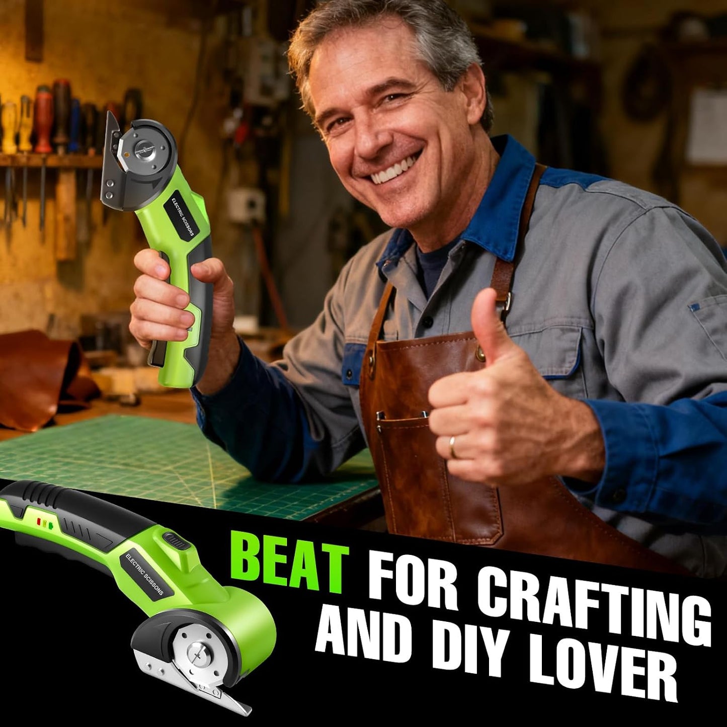 Cordless Electric Scissors, 4V Rechargeable Cardboard Cutter with 2600mAh Battery, Safety Lock, LED Light, 2 Blades, Electric Box Cutter for Cardboard, Fabric, Plastic, Leather, Cloth, DIY Crafts