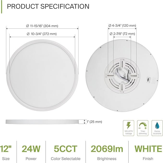 ASD LED 12" Round Flush Mount Ceiling Light Fixture, Low Profile Surface - Image 2