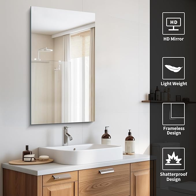 CILIBER Frameless Mirror, 20x36 Inch Bathroom Mirrors - Image 6