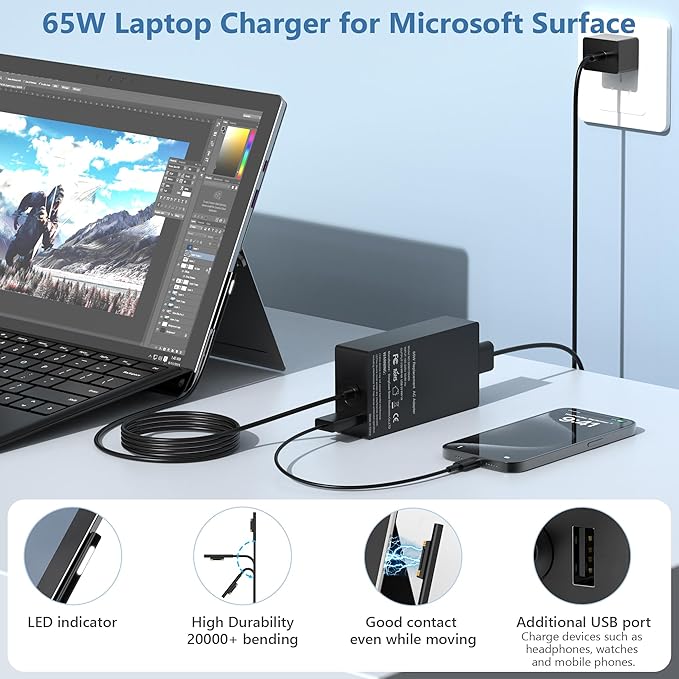COWOOGMZ Surface Pro Charger-65W Surface Charger Compatible - Image 2