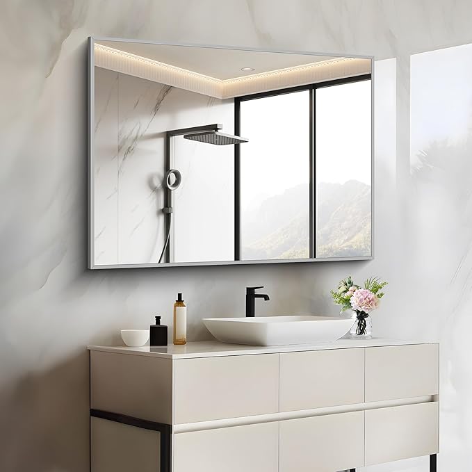 30x40In Silver Bathroom Mirror for Wall, Brushed Nickel Rectangle Mirrors - Image 3
