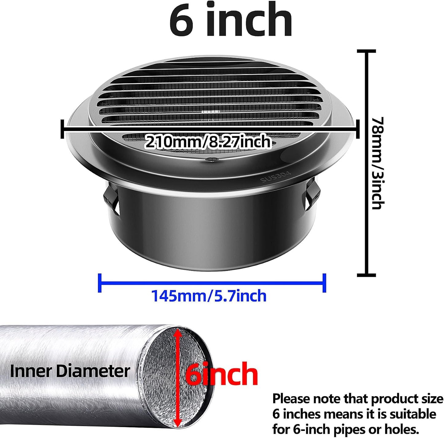 6" in Heavy Duty Thickened 304 Stainless Steel Air Vent Cover Louvered Grille Cover Vent Hood Flat Ducting Ventilation Air Vent Wall Air Outlet with Fly Screen Mesh for House (6inch-150mm Flat Black)