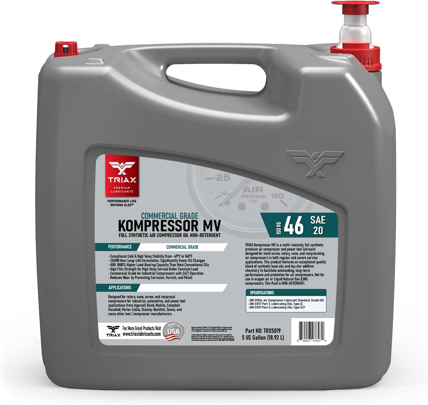 TRIAX Kompressor ISO 46 SAE 20, Full Synthetic, Multi-Vis Air Compressor Oil | for Rotary, Vane, Screw, and Reciprocal | Commercial Grade | High Temp | Non-Detergent (5 Gallon)