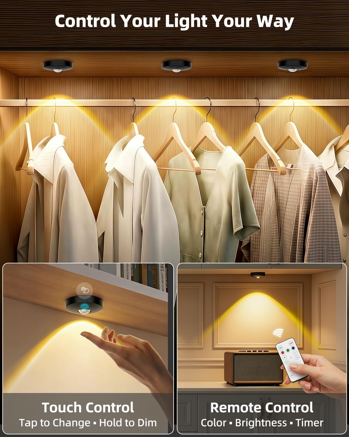 Rechargeable Puck Lights With Remote Control, 1500mAh Battery Operated Tap Lights, Dimmer & Timer Under Cabinet, Wireless LED Stick-On for Closet, Bedroom, Kitchen - Black 3Pcs