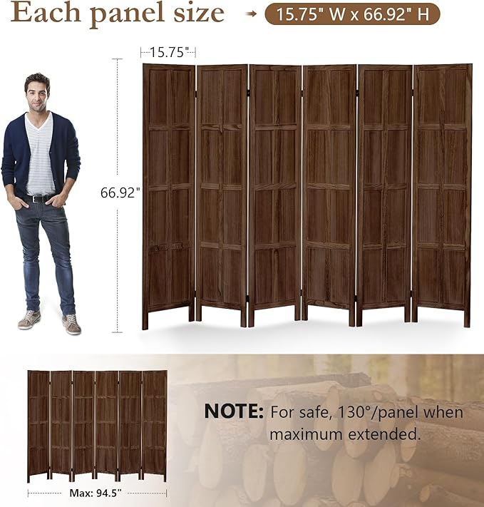 ALeesing 6 Panel Room Divider, 5.6Ft Wood Room Dividers and Folding Privacy - Image 2