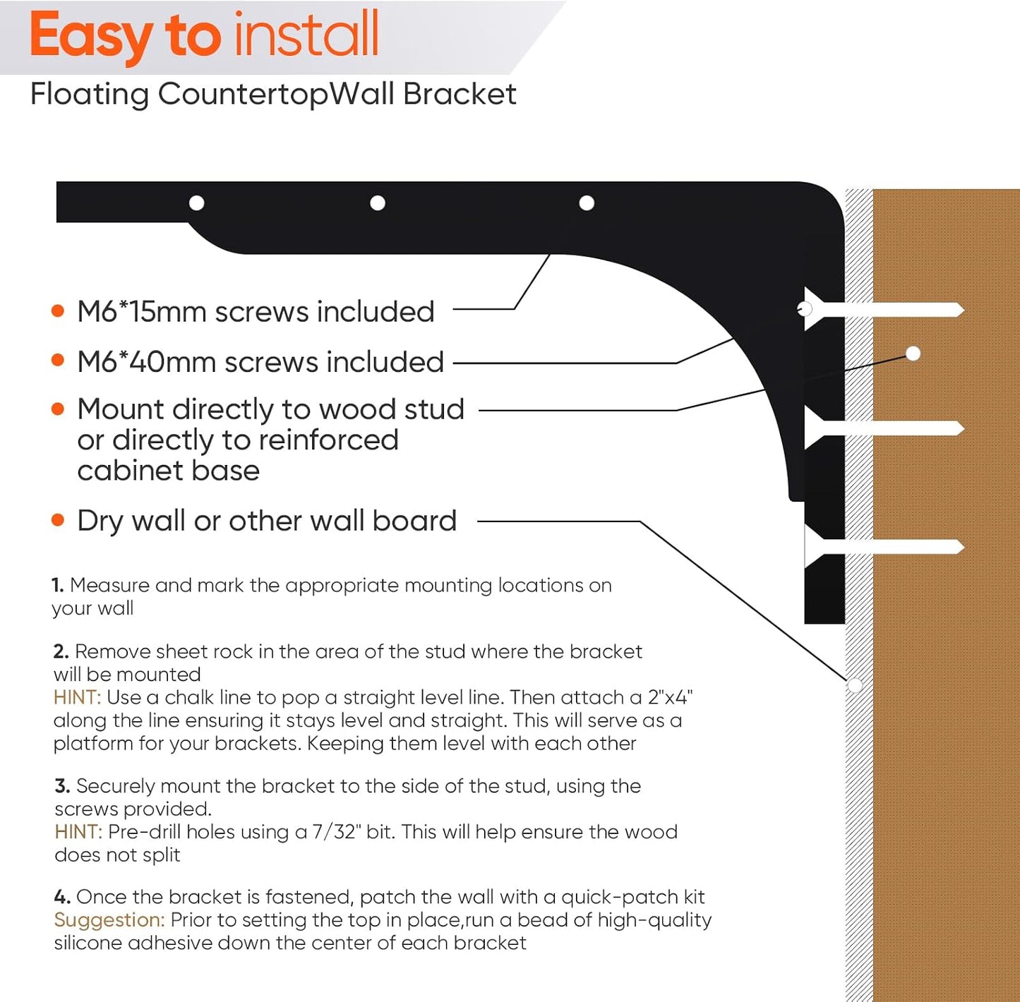 4-Pack Countertop Support Brackets 6"x5"x2", | Floating Shelf Bracket, Mantel Corbels, For Quartz/Granite/Wood/Concrete/Laminate