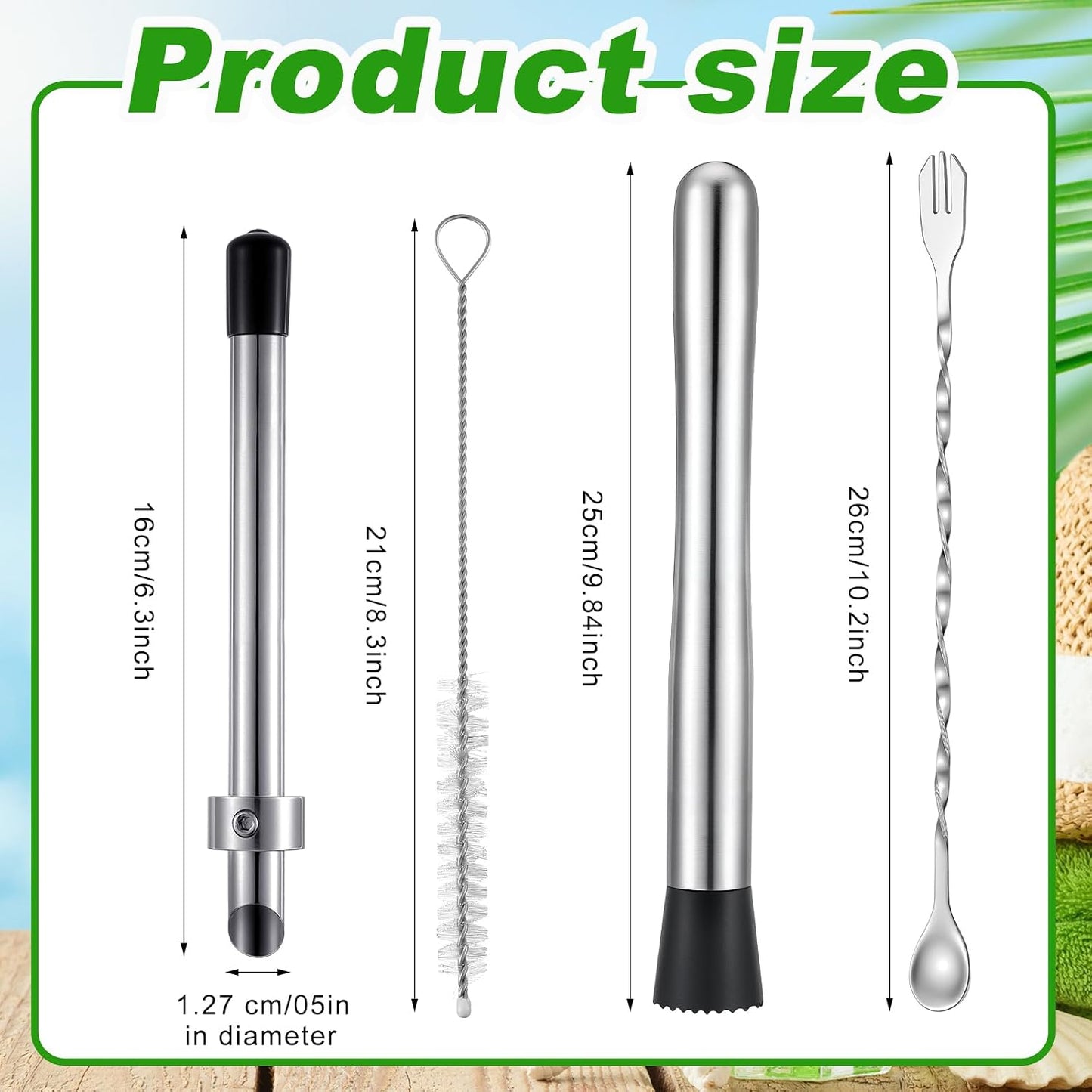 Honeydak 3 Pcs Straw Hole Puncher Muddler, Lemonade Punch Tool Set, 6.3Inch | 304 Stainless Steel Build, Perfect for Plastic Lids Boba Cups, Lemonade Stand Supplies, Stir Spoon & Cleaning Brush Included