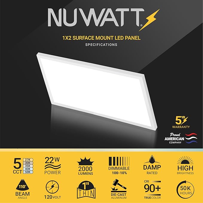 NUWATT 1x2 FT LED Flat Panel, 5CCT 2700K/3000K/3500K/4000K/5000K Selectable - Image 2