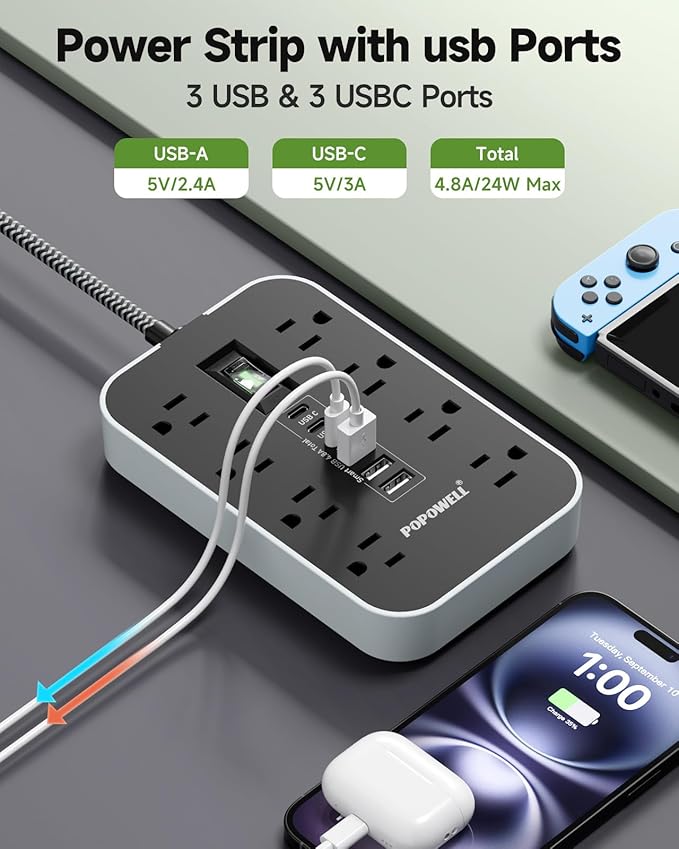 Power Strip Surge Protector- 5FT Flat Plug Extension Cord, 8 AC Outlet& 6 USB - Image 4