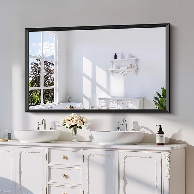 Black Bathroom Mirror 30 x 50 Inch Rectangle Wave Beveled by DESBING