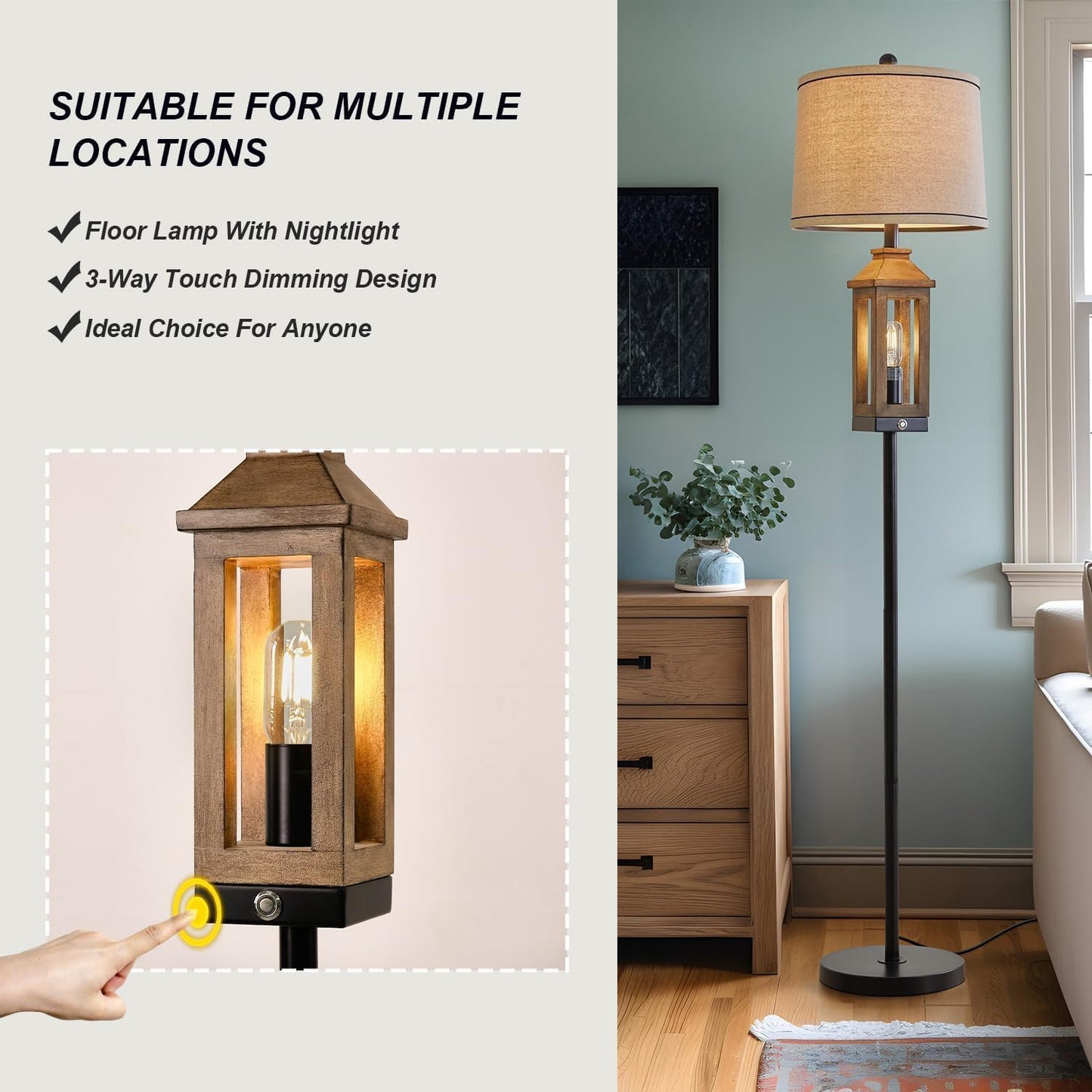 G-SAFAVA 63" Farmhouse Floor Lamps for Living Room Bedside Nightstand Lamp Black Tall Standing Lamp for Home Decor Bedroom Reading Wood Lamp Rustic Bed Lights with 2 Light Sources