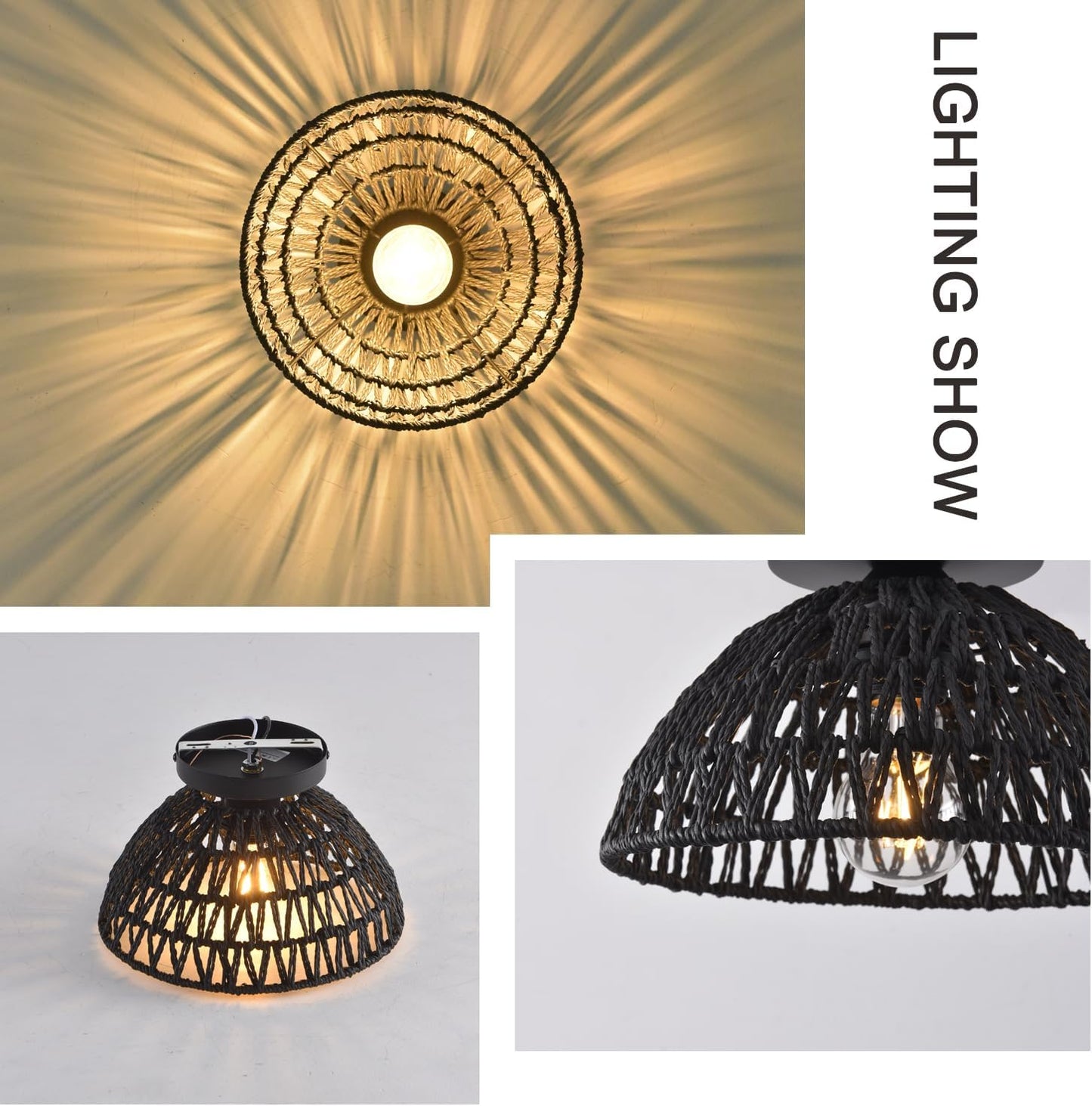 2 Pack 10.2" H Farmhouse Fixtures Ceiling Mount,Black Rattan Boho Semi Flush Mount Ceiling Light,Hand Woven Hallway Light Fixtures for Bedroom Entryway