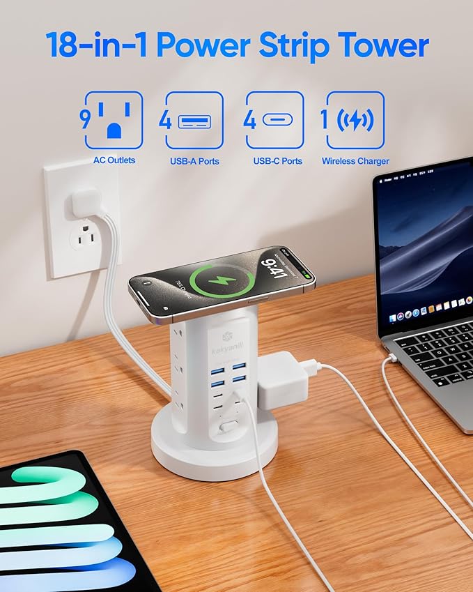 Power Strip Tower, kakyanill Surge Protector Tower 9 AC Outlets 8 USB, 6 Ft - Image 3