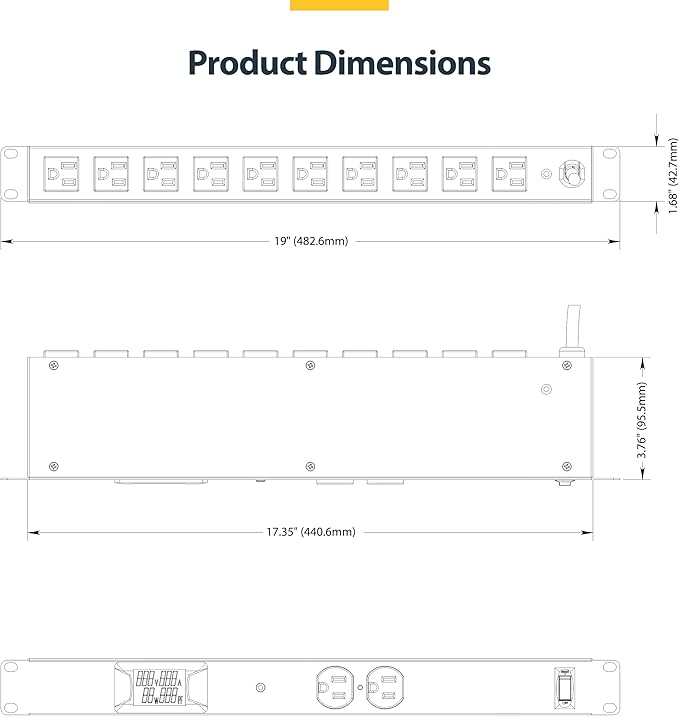StarTech.com 12-Outlet Horizontal Rack Mount Metered PDU, 1U Server Power Strip - Image 6
