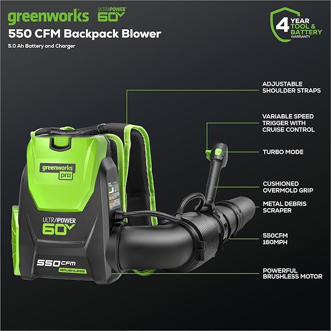 Greenworks 60V 550 CFM Brushless Backpack Blower, 5.0Ah Battery and 6A Charger - Image 2