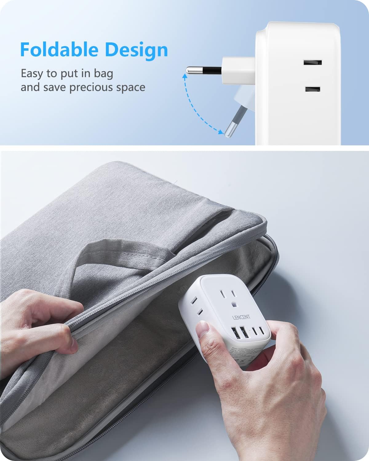 LENCENT Foldable European Travel Plug Adapter, US to Europe Type C Adapter | 2 Pack Power Plug with USB C Ports 4 Outlets, Adapter for USA to EU Euro Iceland Spain Italy France Germany Greece Portugal