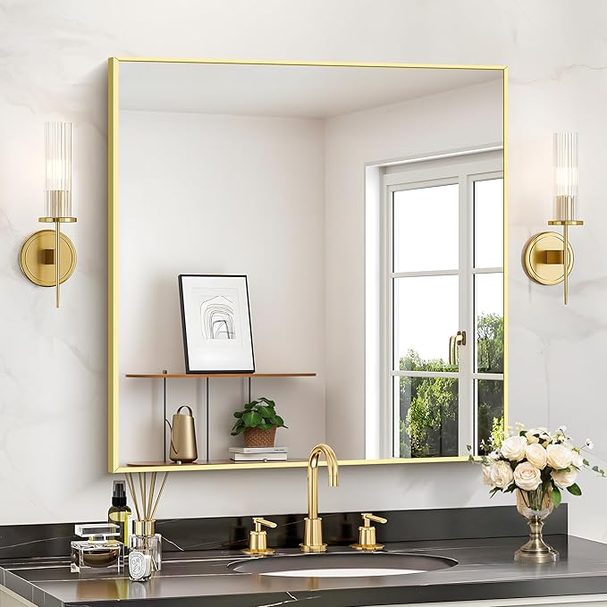 Gold Bathroom Mirror for Wall, 30x30 Inch Rectangle Mirrors by Welcometocofeny