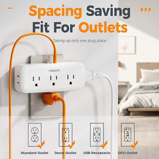 Multi Plug Outlet Splitter, TESSAN Multiple Plug Surge Protector, 5 Outlet - Image 4