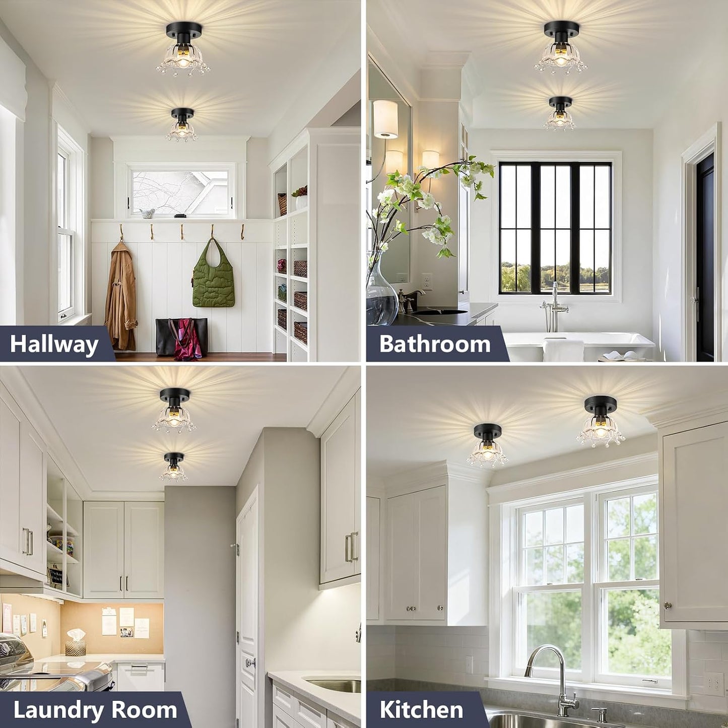 Mid-Century Modern Ceiling Light, 2 Pack Hallway Light Fixtures | Black Semi Flush Mount Ceiling Light, Small Hallway Light Fixtures for Kitchen, Foyer, Entryway, Laundry Room E26