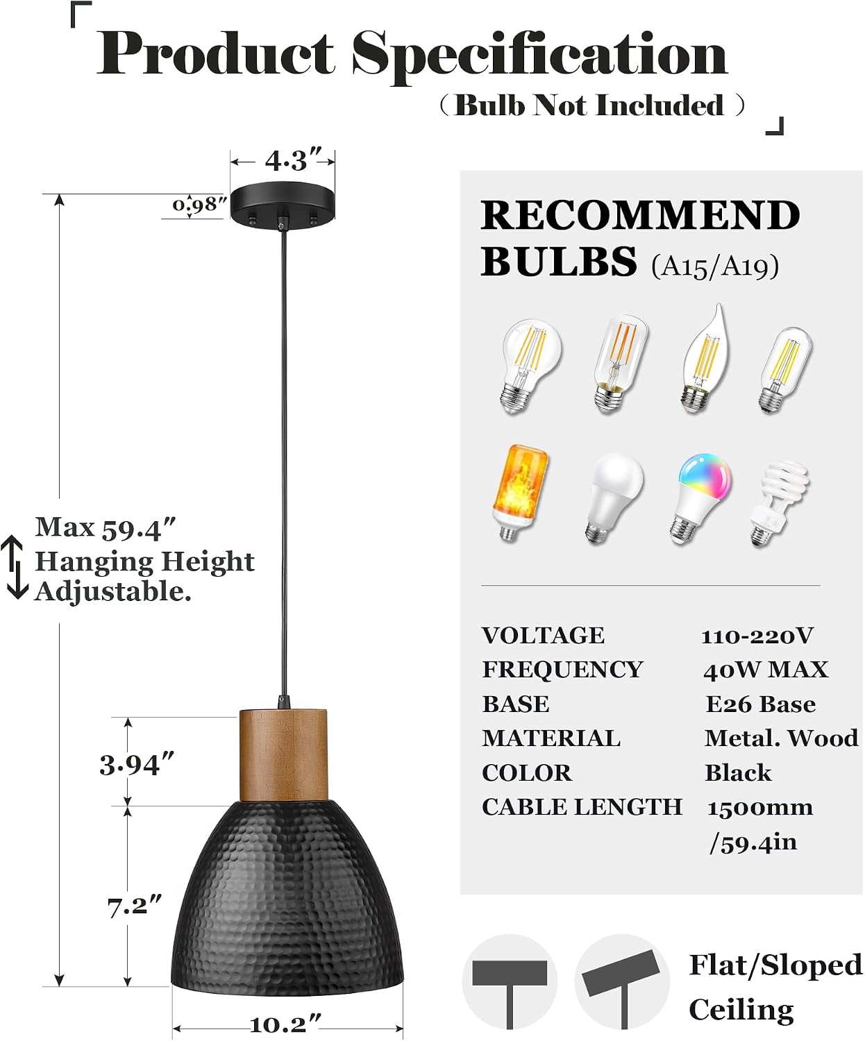 ELYONA 2 Pack Hammered Pendant Lights, 10.2” Industrial Metal Solid Wood Hanging Lamp, Modern Island Pendant Light Fixtures for Kitchen Bar, Farmhouse Dining Room, Bedroom, Living Room, Office, Black