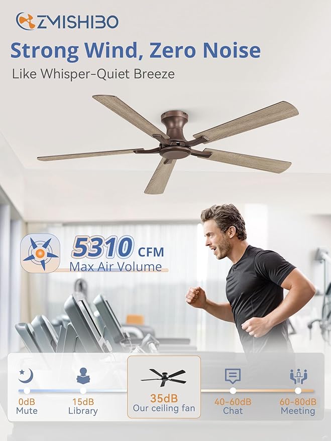 ZMISHIBO 60 Inch Ceiling Fan No Light, Flush Mount Low Profile, Farmhouse Brown - Image 3