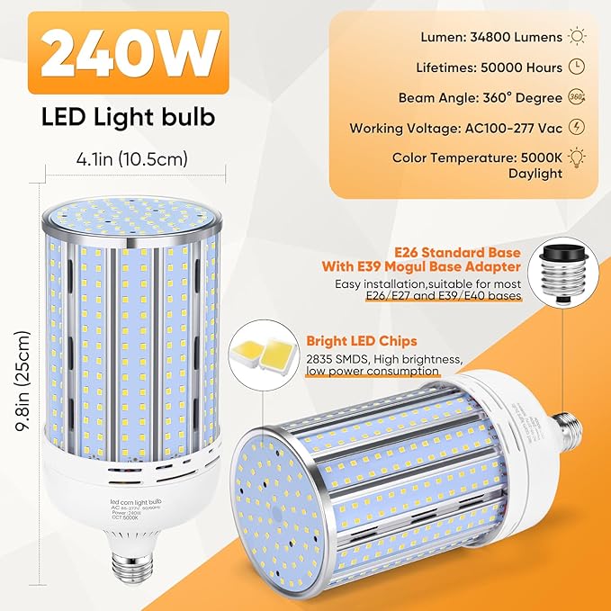 XYCN 2 Pack 240W Corn LED Light Bulb Fanless, 5000K Daylight E26/E39 Large - Image 3