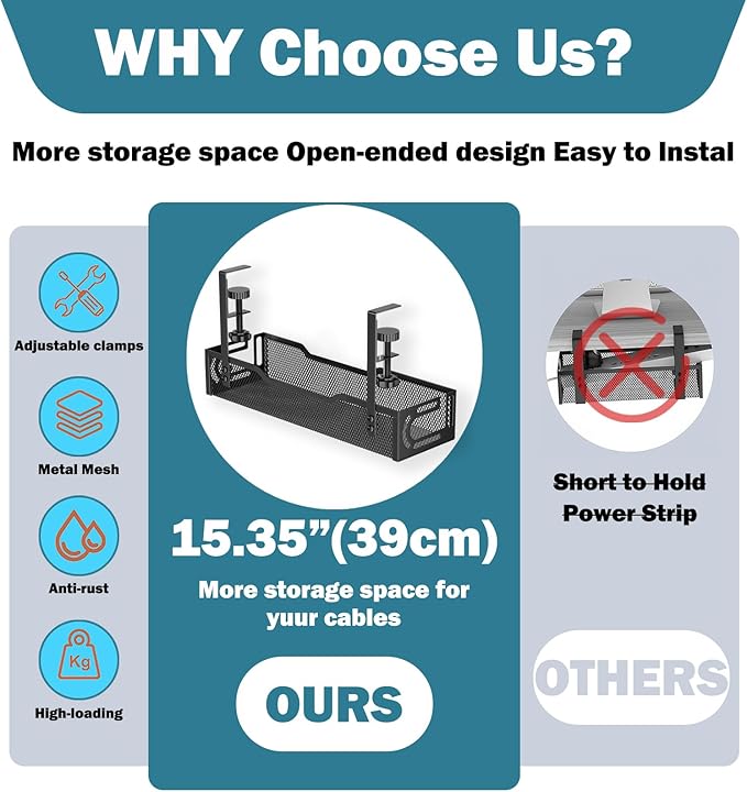 Under Desk Cable Management Tray, No Drill Mesh Desk Cable Tray, Wire - Image 3