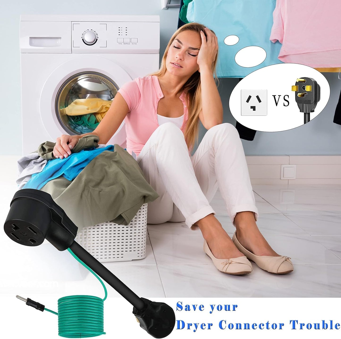 Dryer Adapter 4 Prong to 3 Prong, 4P Newer Dryer to 3P Older House, Dryer Convert Cord NEMA 10-30P Plug to 14-30R Receptacle, 220V 30 Amp 10 AWG STW 1.5FT with Safety Ground Wire