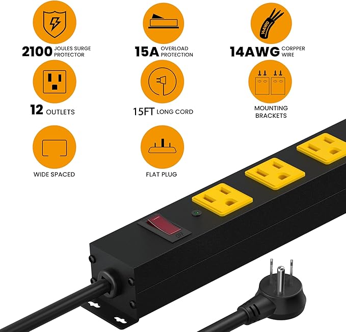Metal 12 Outlet Mountable Power Strip, Surge Protector Heavy Duty Cord Wide - Image 5