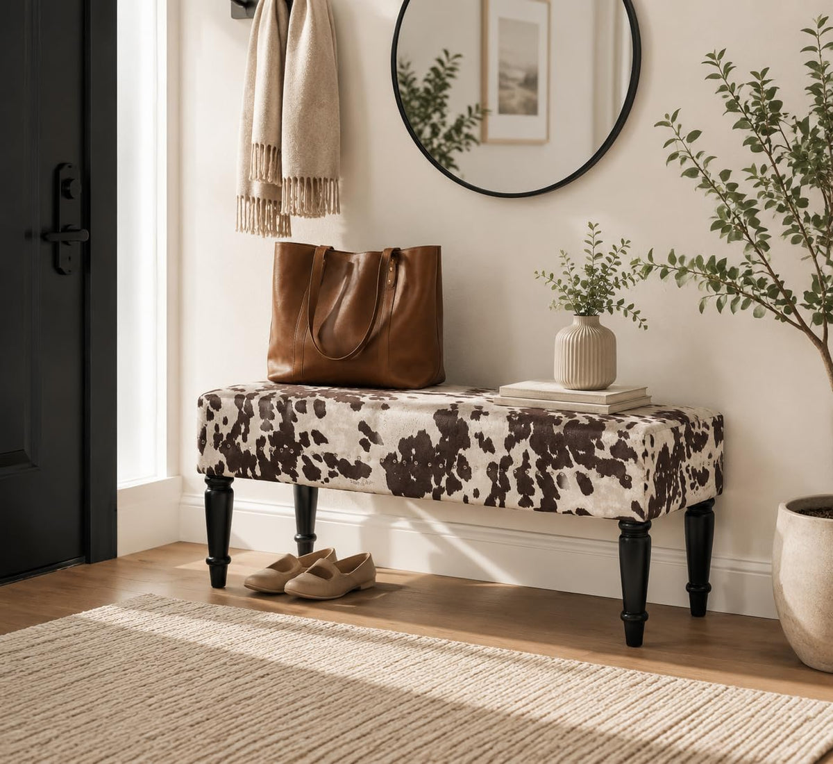 homebeez 39.4" cow print bench, upholstered bedroom cowhide, side view