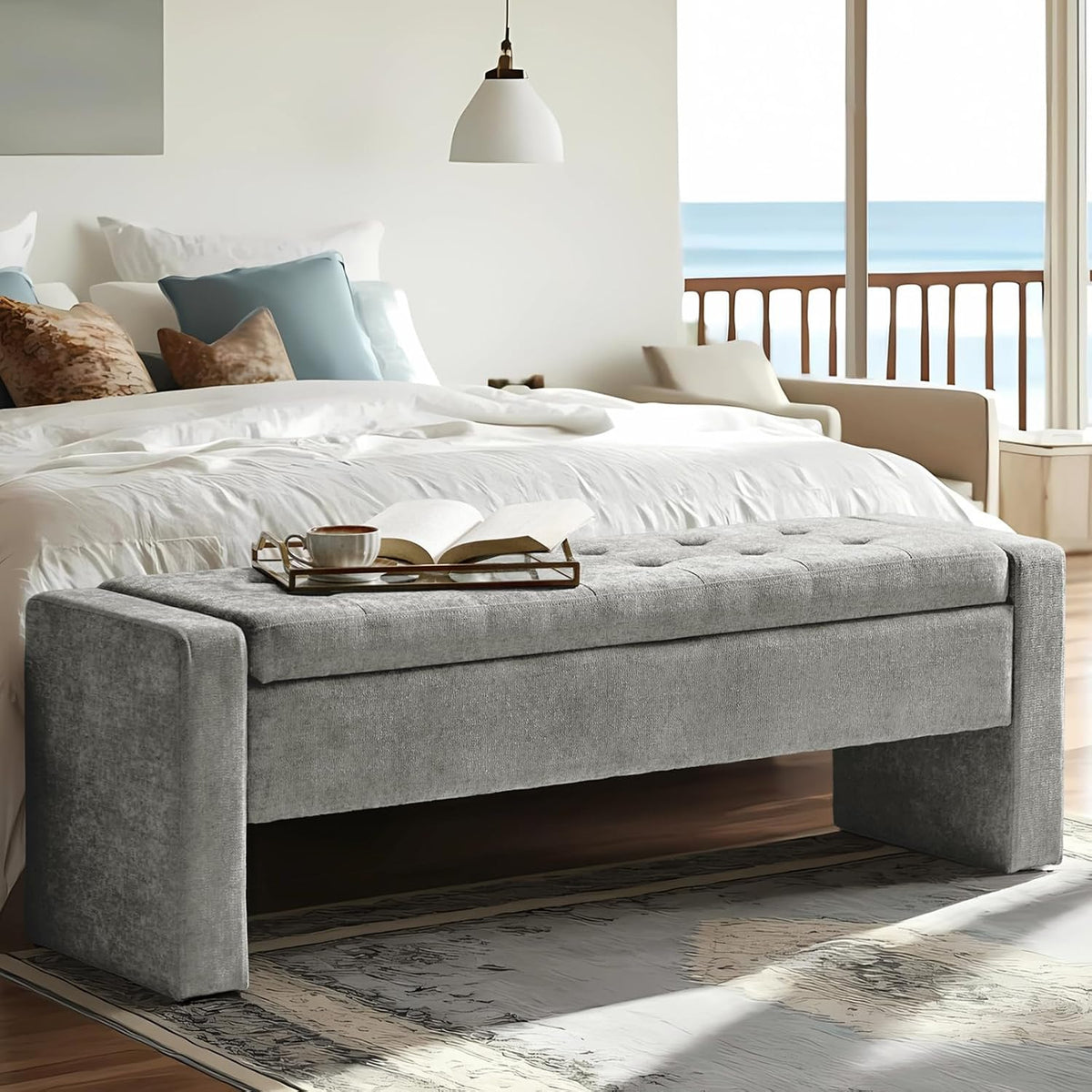 55" modern upholstered storage bench with tufted seat, main product view