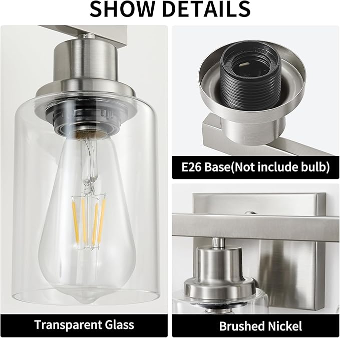 DIKAIDA 3-Light Bathroom Light Fixtures, Nickel Bathroom Vanity Light - Image 4