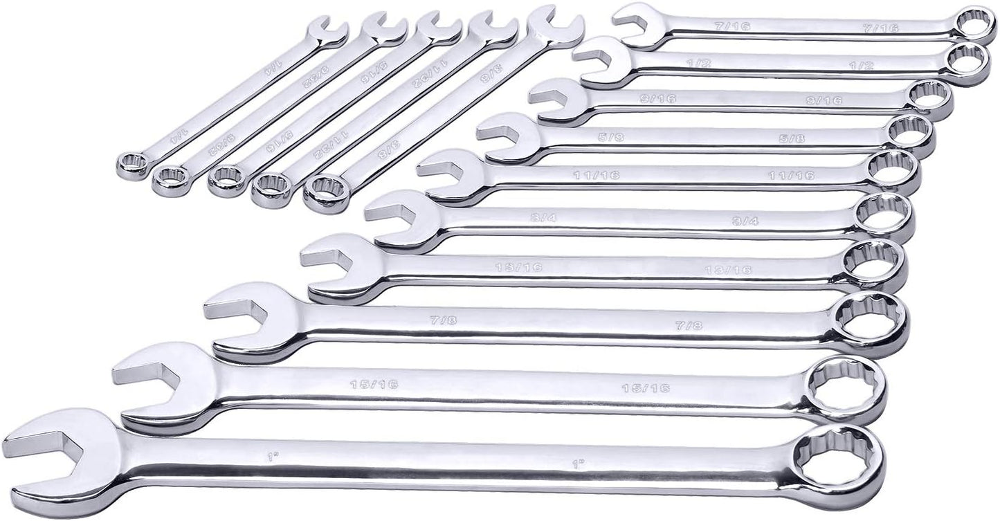 Max Torque 15-Piece Premium Combination Wrench Set, Complete SAE Inch Sizes from 1/4” to 1” with Rack Organizer | Cr-V Steel, Mirror Chrome Finish, Long Pattern, V-Groove Open End and 12-Point Box End