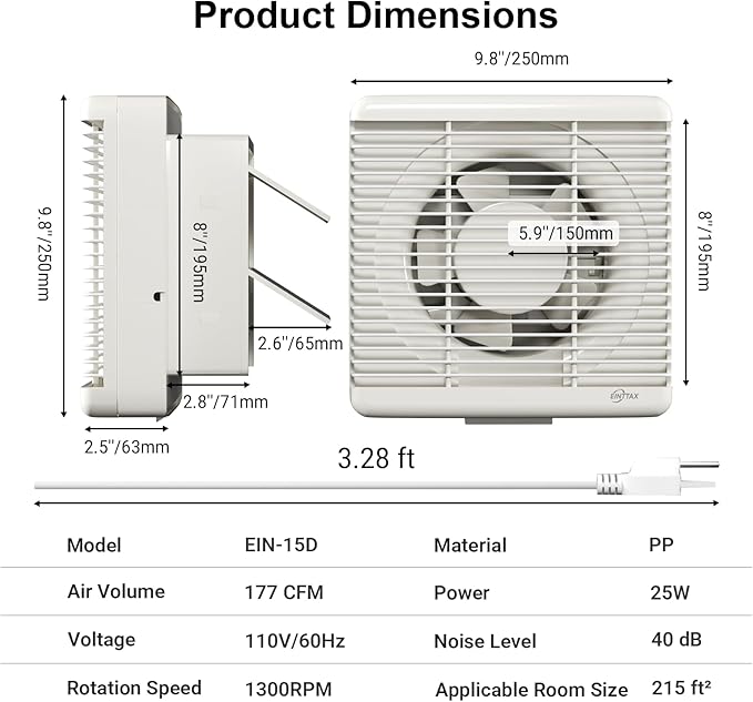 EINTTAX 8 Inch Wall Mounted Shutter Exhaust Fan - Image 2